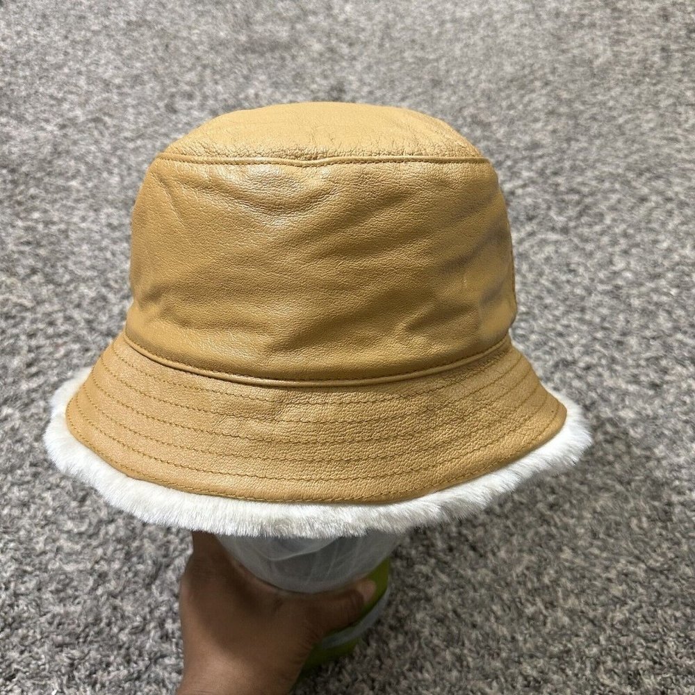Vtg Wilsons Leather Tan Leather Faux Fur Trim Lined Winter Bucket Hat Size L/XL